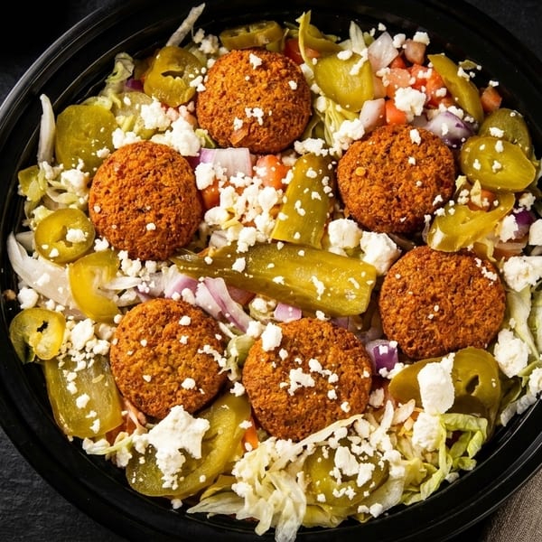 A falafel bowl with lettuce, feta, pickled peppers, red onion, and tomatoes in a black bowl.