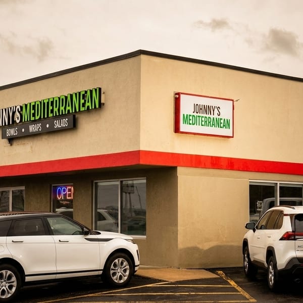 Exterior of Johnny's Mediterranean restaurant with cars parked in front under a cloudy sky.