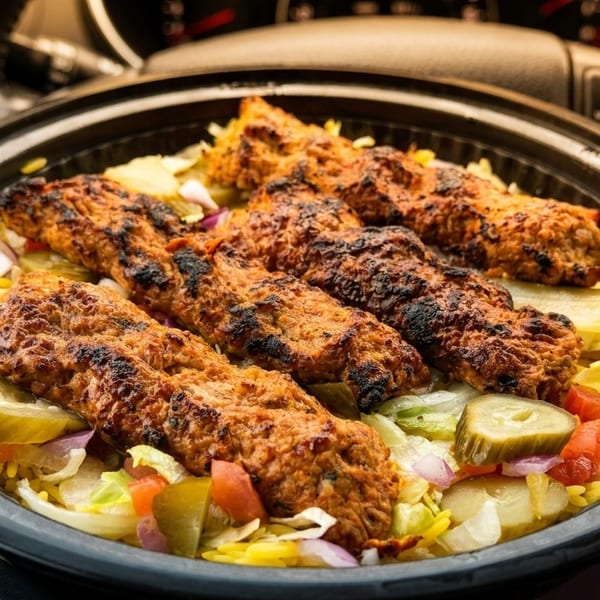 Grilled meat skewers over yellow rice, lettuce, tomatoes, onions, and pickles in a black to-go bowl.