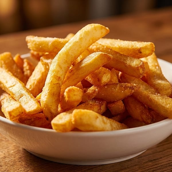 A white bowl filled with golden, crispy french fries, lightly salted, on a wooden table.
